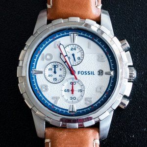 Fossil Men's Leather Silver Dial Quartz Watch